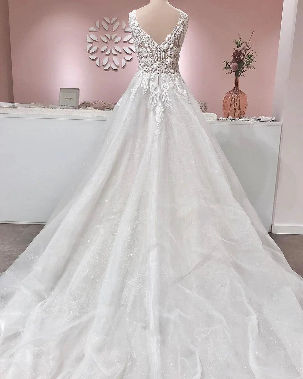 Long A-line V-neck Appliques Lace Backless Tulle Ruffles Wedding Dress by BIZTUNNEL