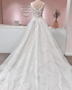 Long A-line V-neck Appliques Lace Backless Tulle Ruffles Wedding Dress by BIZTUNNEL