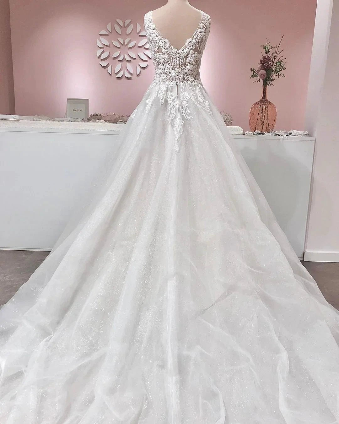Long A-line V-neck Appliques Lace Backless Tulle Ruffles Wedding Dress by BIZTUNNEL