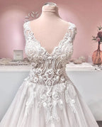 Long A-line V-neck Appliques Lace Backless Tulle Ruffles Wedding Dress by BIZTUNNEL