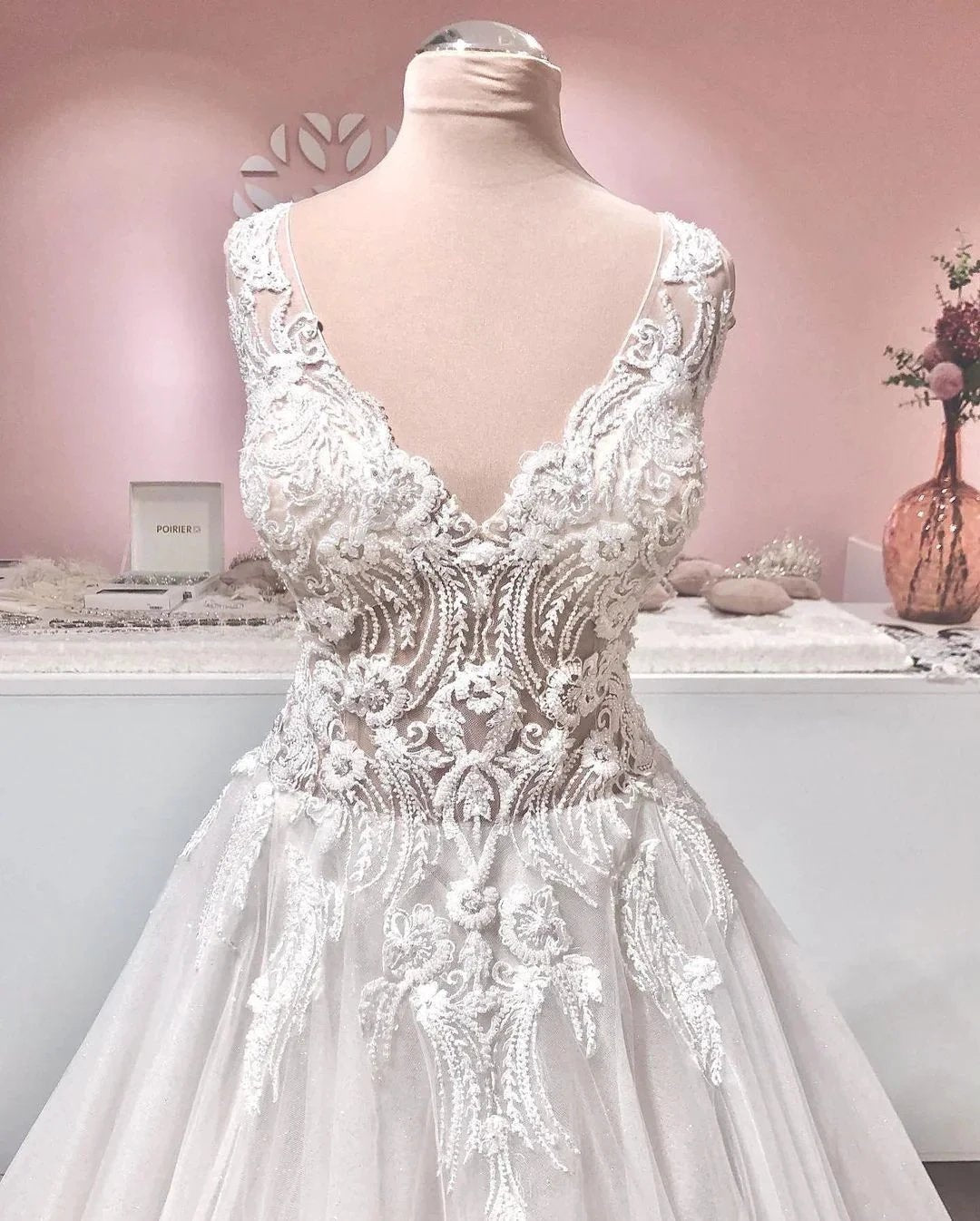 Long A-line V-neck Appliques Lace Backless Tulle Ruffles Wedding Dress by BIZTUNNEL