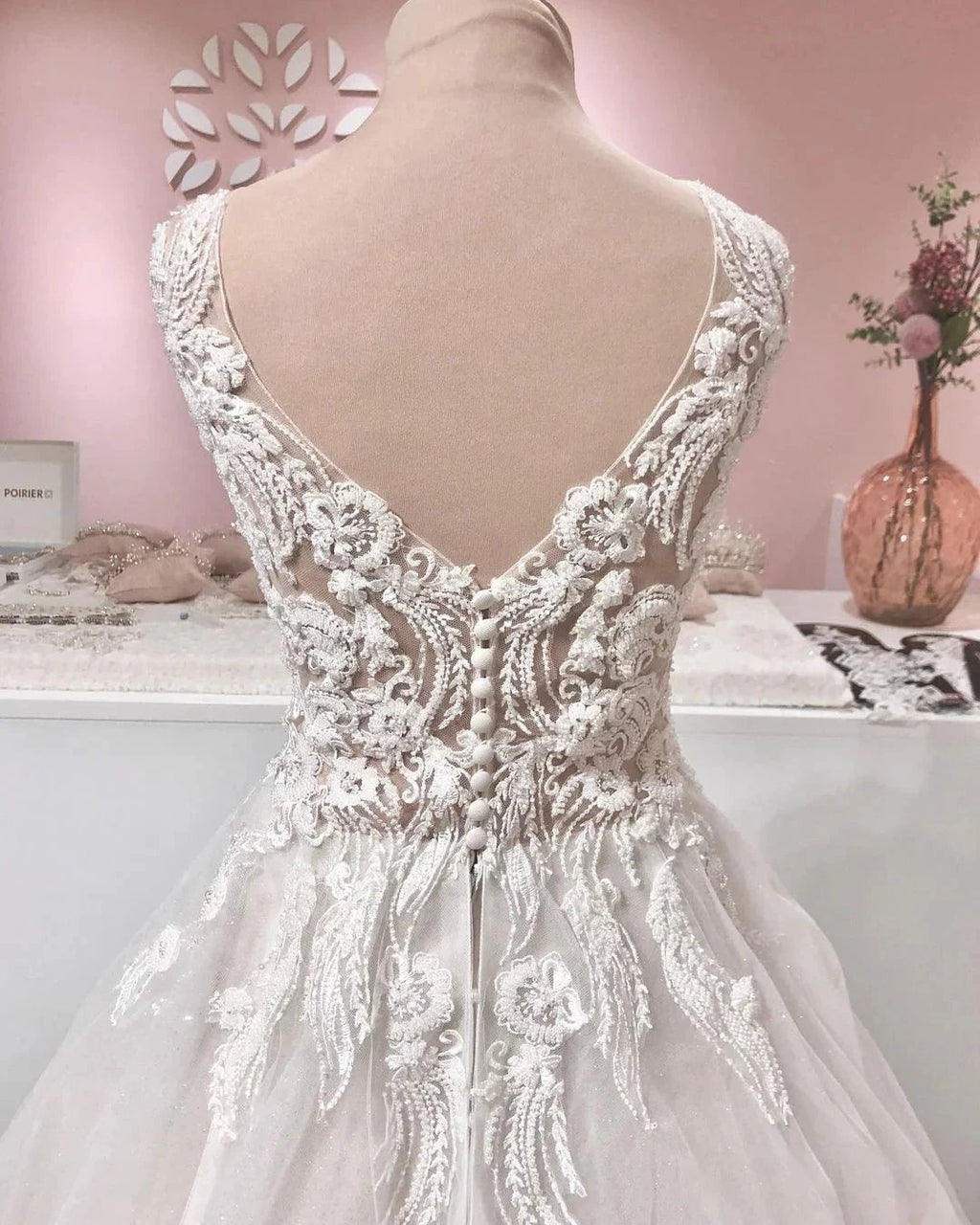 Long A-line V-neck Appliques Lace Backless Tulle Ruffles Wedding Dress by BIZTUNNEL