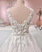 Long A-line V-neck Appliques Lace Backless Tulle Ruffles Wedding Dress by BIZTUNNEL