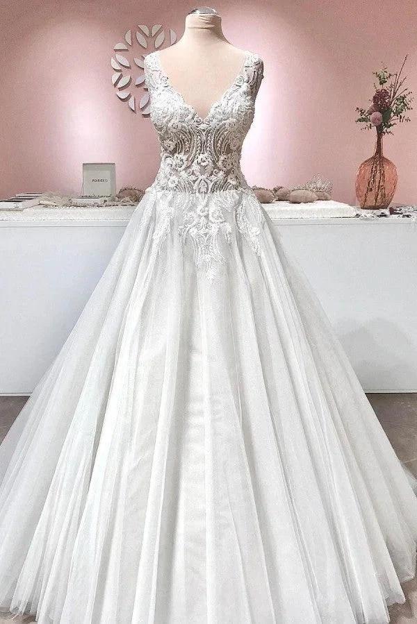 Long A-line V-neck Appliques Lace Backless Tulle Ruffles Wedding Dress by BIZTUNNEL