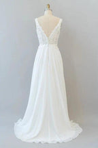 Long A-line V-neck Appliques Lace Chiffon Wedding Dress by BIZTUNNEL