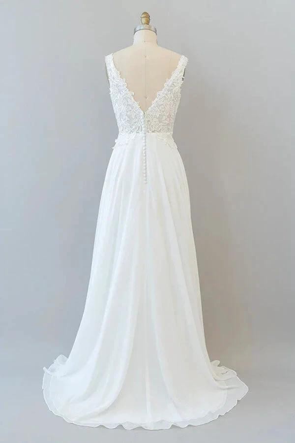 Long A-line V-neck Appliques Lace Chiffon Wedding Dress by BIZTUNNEL