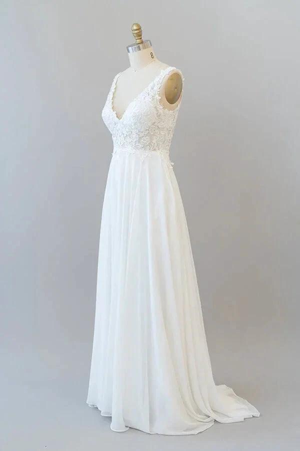 Long A-line V-neck Appliques Lace Chiffon Wedding Dress by BIZTUNNEL
