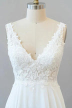 Long A-line V-neck Appliques Lace Chiffon Wedding Dress by BIZTUNNEL
