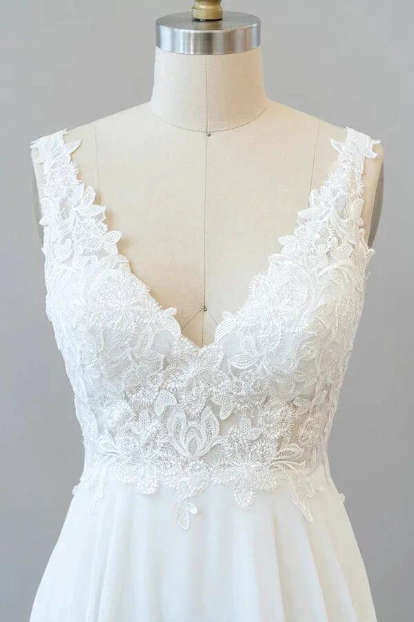 Long A-line V-neck Appliques Lace Chiffon Wedding Dress by BIZTUNNEL