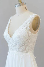 Long A-line V-neck Appliques Lace Chiffon Wedding Dress by BIZTUNNEL