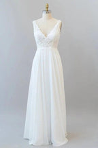 Long A-line V-neck Appliques Lace Chiffon Wedding Dress by BIZTUNNEL