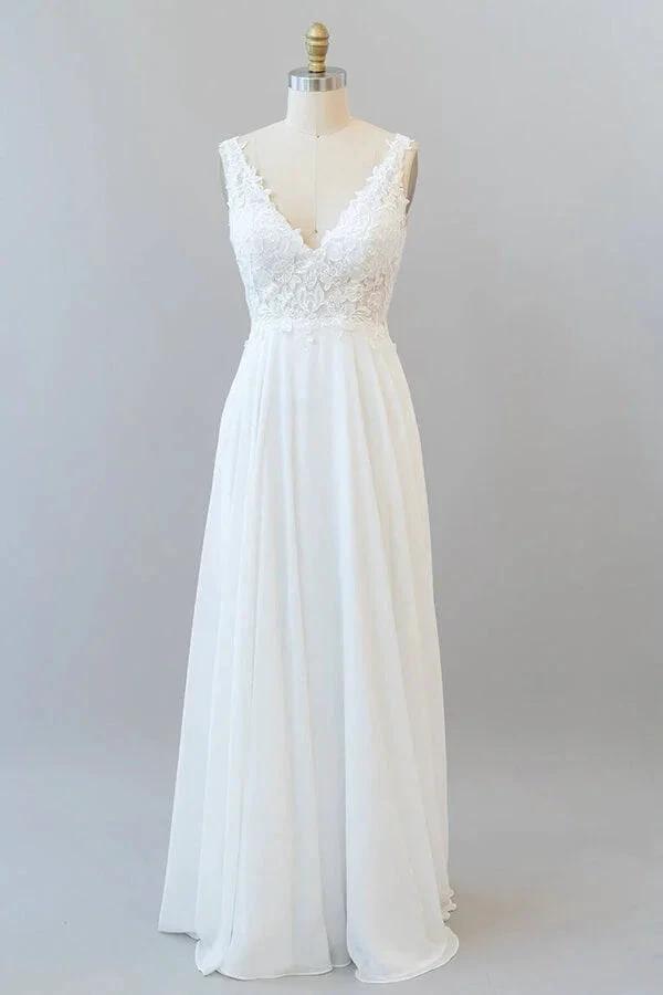 Long A-line V-neck Appliques Lace Chiffon Wedding Dress by BIZTUNNEL