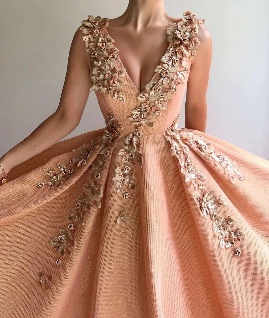 Long A-line V-neck Appliques Lace Satin Prom Dress by BIZTUNNEL