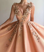 Long A-line V-neck Appliques Lace Satin Prom Dress by BIZTUNNEL