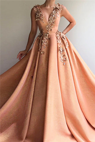 Vestido de fiesta largo de satén con escote en V, apliques de encaje y corte A