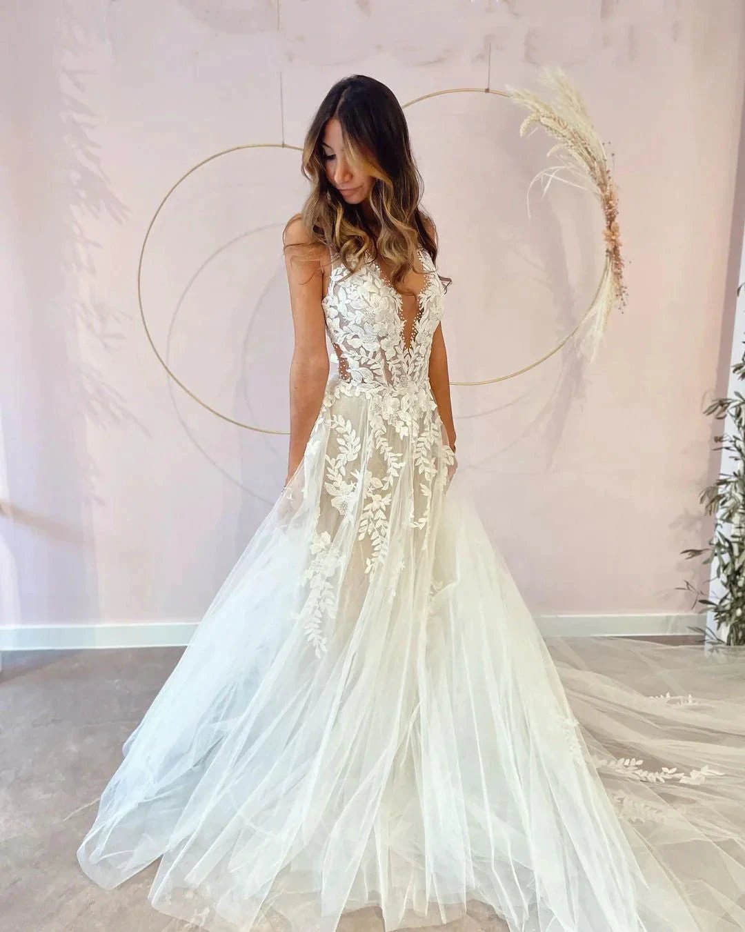 Long A-Line V-neck Appliques Lace Tulle Backless Wedding Dress by BIZTUNNEL