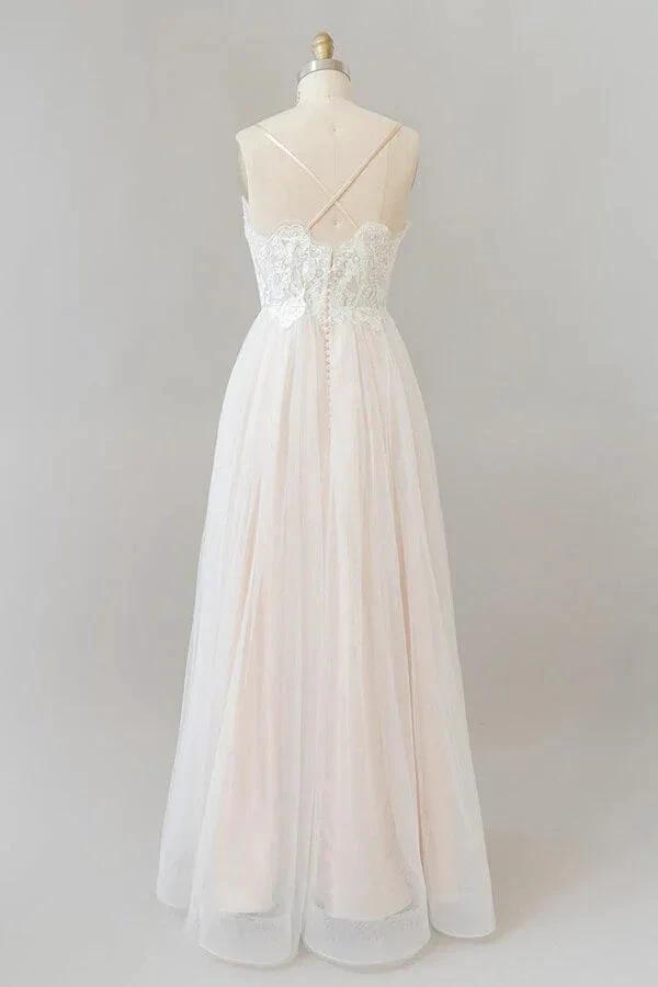 Long A-line V-neck Appliques Lace Tulle Backless Wedding Dress by BIZTUNNEL