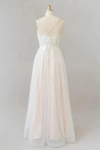Long A-line V-neck Appliques Lace Tulle Backless Wedding Dress by BIZTUNNEL