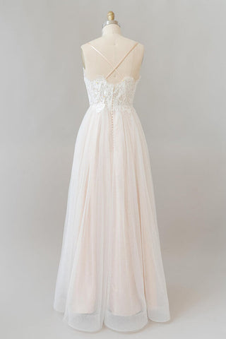 Long A-line V-neck Appliques Lace Tulle Backless Wedding Dress