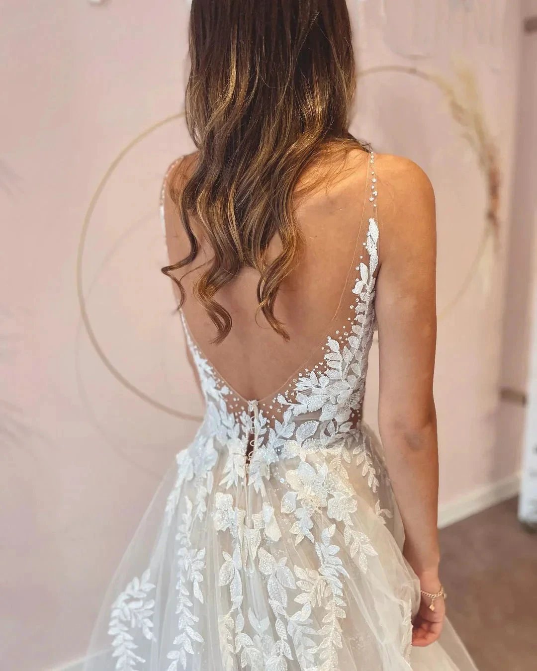 Long A-Line V-neck Appliques Lace Tulle Backless Wedding Dress by BIZTUNNEL