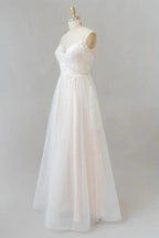 Long A-line V-neck Appliques Lace Tulle Backless Wedding Dress by BIZTUNNEL
