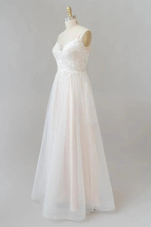 Long A-line V-neck Appliques Lace Tulle Backless Wedding Dress by BIZTUNNEL