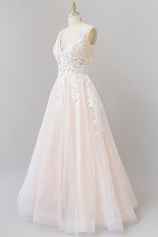 Long A-line V-neck Appliques Lace Tulle Backless Wedding Dress