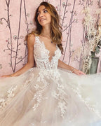 Long A-Line V-neck Appliques Lace Tulle Backless Wedding Dress by BIZTUNNEL