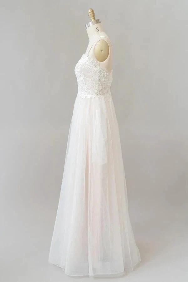 Long A-line V-neck Appliques Lace Tulle Backless Wedding Dress by BIZTUNNEL