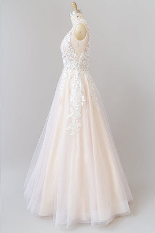 Long A-line V-neck Appliques Lace Tulle Backless Wedding Dress