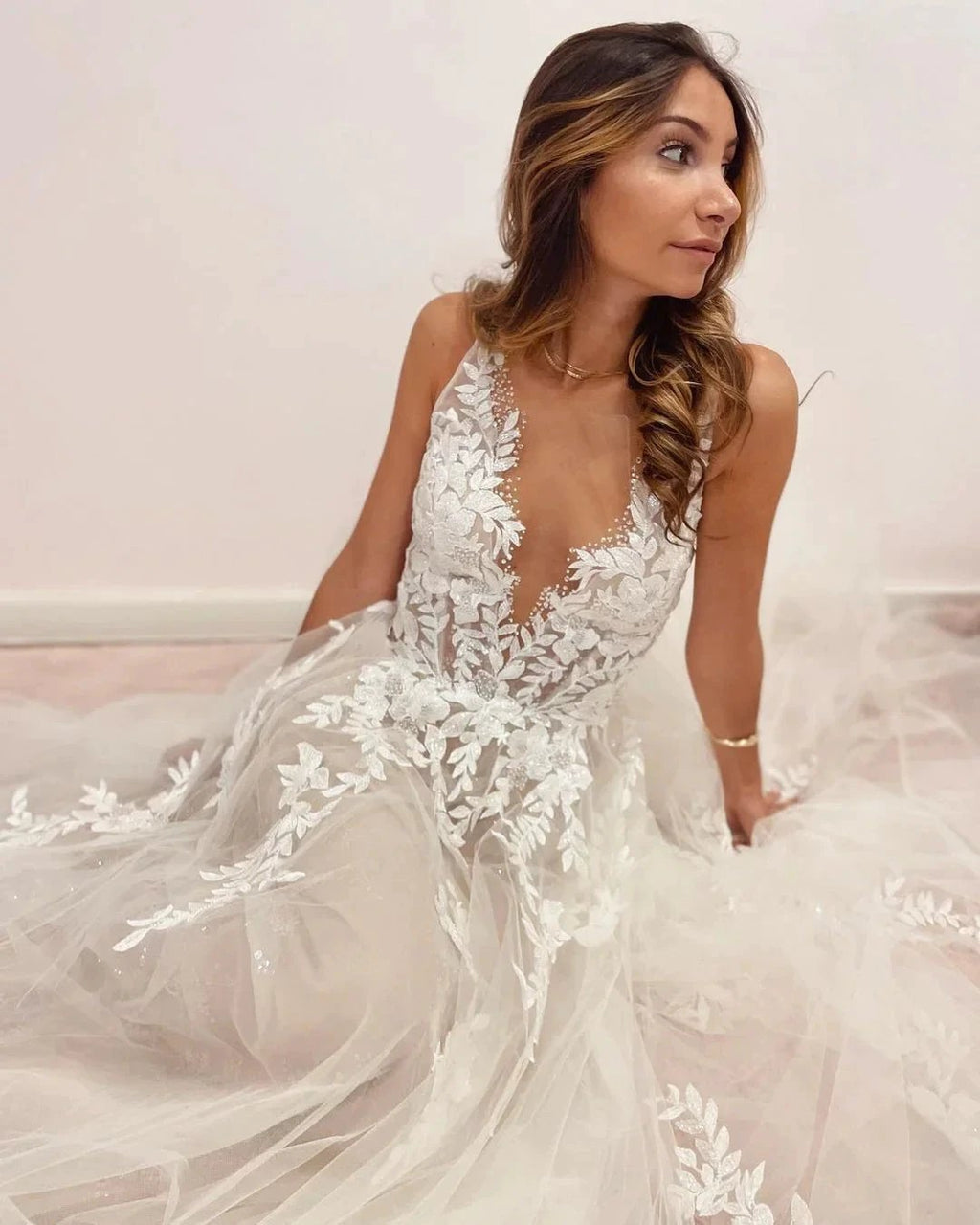 Long A-Line V-neck Appliques Lace Tulle Backless Wedding Dress by BIZTUNNEL