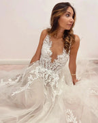 Long A-Line V-neck Appliques Lace Tulle Backless Wedding Dress by BIZTUNNEL