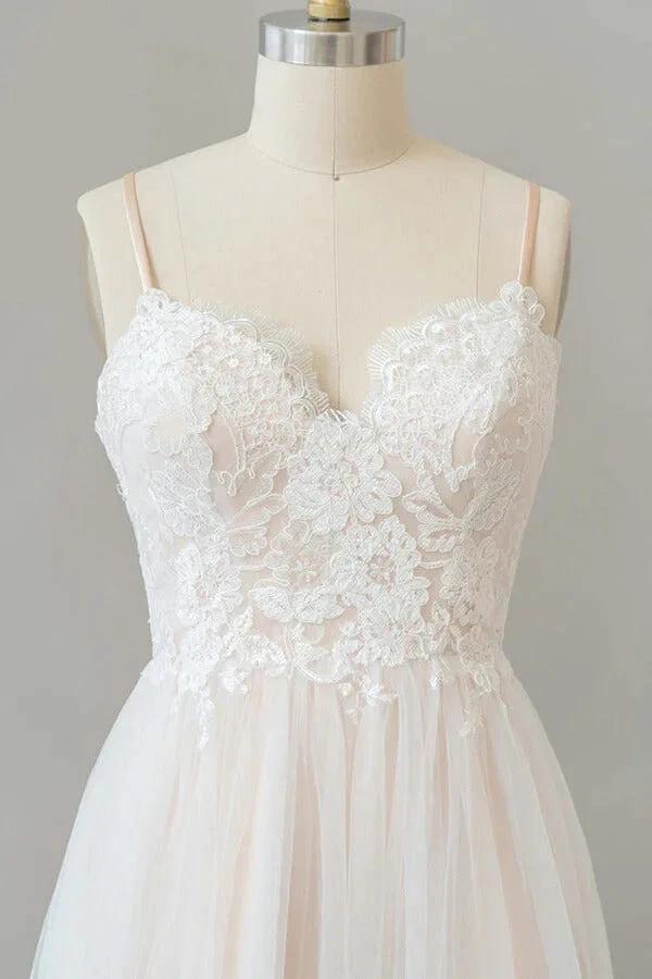 Long A-line V-neck Appliques Lace Tulle Backless Wedding Dress by BIZTUNNEL