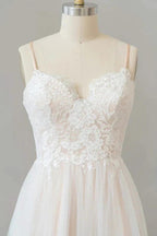 Long A-line V-neck Appliques Lace Tulle Backless Wedding Dress by BIZTUNNEL