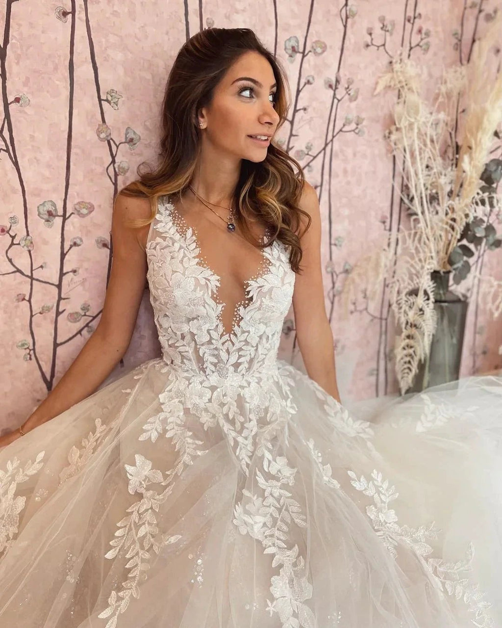 Long A-Line V-neck Appliques Lace Tulle Backless Wedding Dress by BIZTUNNEL