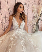 Long A-Line V-neck Appliques Lace Tulle Backless Wedding Dress by BIZTUNNEL
