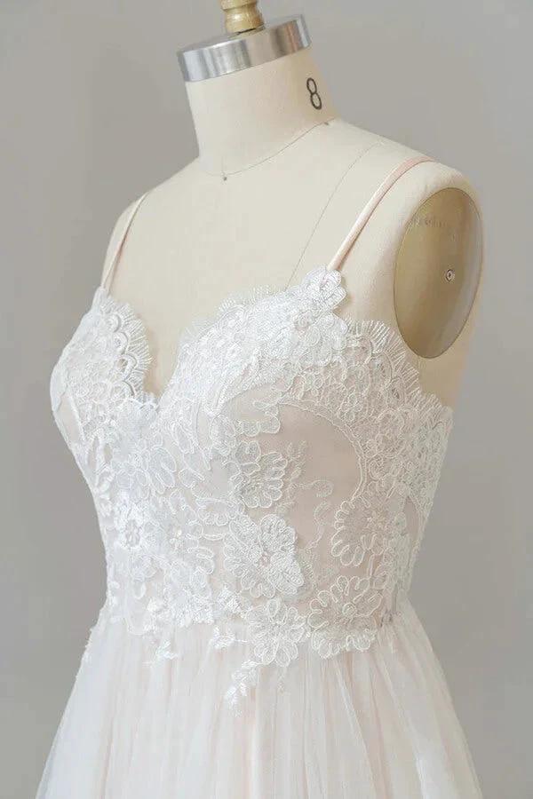 Long A-line V-neck Appliques Lace Tulle Backless Wedding Dress by BIZTUNNEL
