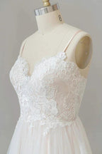 Long A-line V-neck Appliques Lace Tulle Backless Wedding Dress by BIZTUNNEL