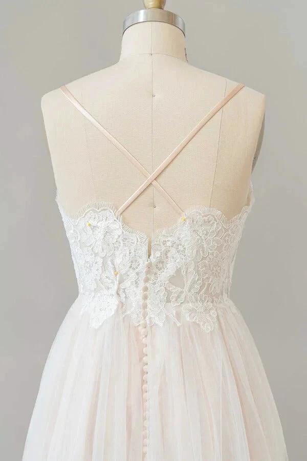 Long A-line V-neck Appliques Lace Tulle Backless Wedding Dress by BIZTUNNEL