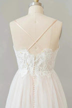 Long A-line V-neck Appliques Lace Tulle Backless Wedding Dress by BIZTUNNEL