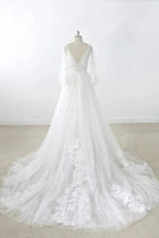 Long A-line V-neck Appliques Lace Tulle Backless Wedding Dress with Sleeves by BIZTUNNEL