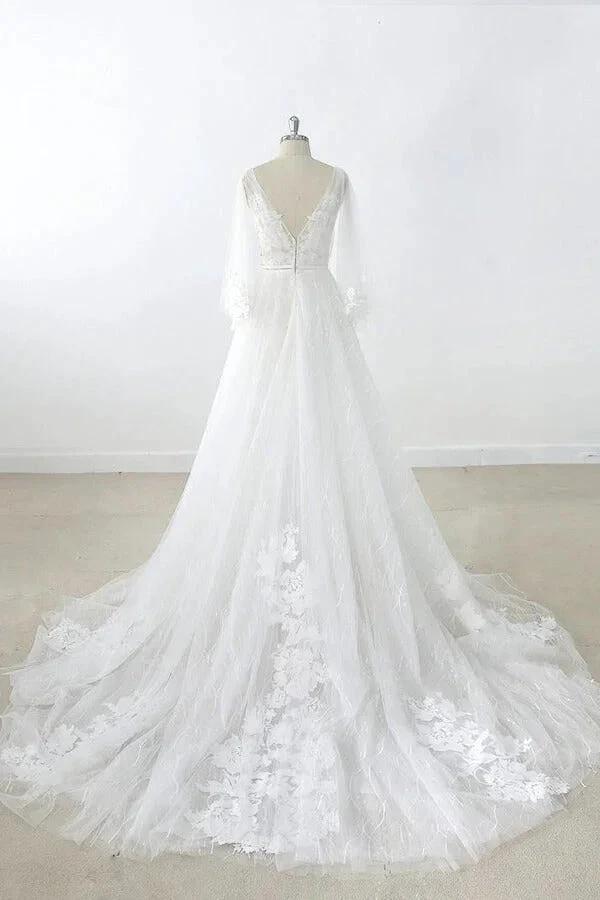 Long A-line V-neck Appliques Lace Tulle Backless Wedding Dress with Sleeves by BIZTUNNEL