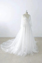 Long A-line V-neck Appliques Lace Tulle Backless Wedding Dress with Sleeves by BIZTUNNEL