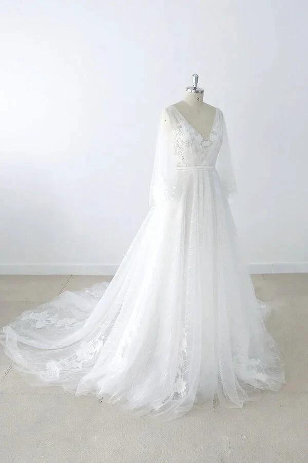 Long A-line V-neck Appliques Lace Tulle Backless Wedding Dress with Sleeves by BIZTUNNEL