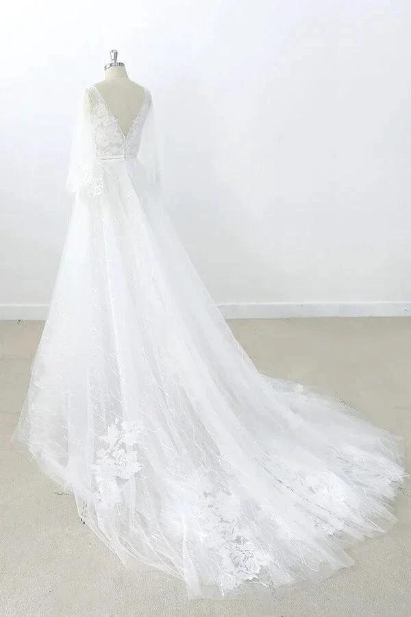 Long A-line V-neck Appliques Lace Tulle Backless Wedding Dress with Sleeves by BIZTUNNEL