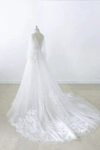 Long A-line V-neck Appliques Lace Tulle Backless Wedding Dress with Sleeves by BIZTUNNEL