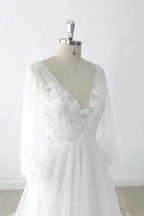 Long A-line V-neck Appliques Lace Tulle Backless Wedding Dress with Sleeves by BIZTUNNEL