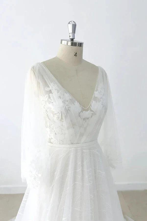 Long A-line V-neck Appliques Lace Tulle Backless Wedding Dress with Sleeves by BIZTUNNEL