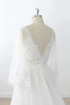 Long A-line V-neck Appliques Lace Tulle Backless Wedding Dress with Sleeves by BIZTUNNEL