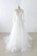 Long A-line V-neck Appliques Lace Tulle Backless Wedding Dress with Sleeves by BIZTUNNEL